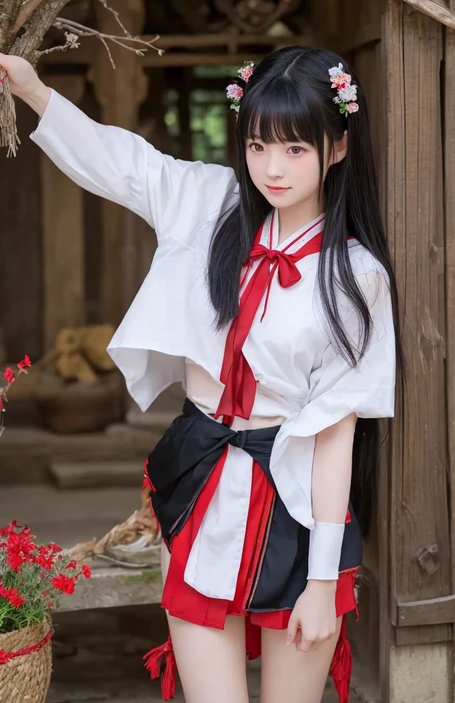 there is a young girl dressed in a red and white dress, anime girl cosplay, anime cosplay, japanese clothes, rin, shikamimi, of a youthful japanese girl, palace ， a girl in hanfu, anime girl in real life, reimu hakurei, miko, white hanfu, cosplay photo, japaneese style, by Jin Homura