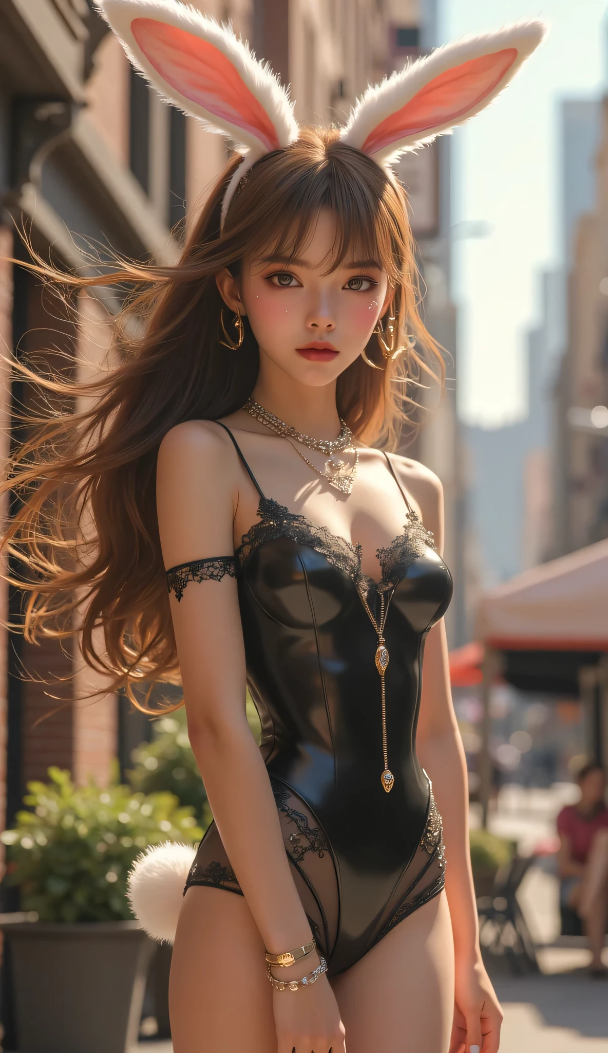 (New York Showgirl)、((rabbit ears、bunny girl with tail))、OC Emotion Codex(masterpiece、 Top quality、sunlight、Super Detailed、書かれた境界の深さwindに揺れるストレートヘア , Show your ears , embarrassing expression illuminating the two , Feeling embarrassed ((glossy black leotard),((black maid clothes))(RAW photo , Highest image quality) , (realistic , Photoreal:1 . 3), masterpiece、delicate、soft light、(brown hair、肩までの長さのストレートヘアがwindに揺れる)、beautiful詳細な女の子、(Finger details)、 Detailed double eyelids and face , beautiful 細密でbeautiful瞳 , 1 girl repairing her left hand , Japanese , Neat beauty , cute , younger , Smiling , Super beautiful and cute face , (long legs) , ( medium big breasts )、realistic face、realistic body、Outdoors、very detailedなCGユニティ8Kの壁紙、Top quality、Super Detailed、masterpiece、realistic、写真のrealistic、very detailedなcute女の子、20 years old、 Blush , Parted lips , watching viewers 、 Very detailed girl , 20 years old , 20 years old , ((Top quality , Perfect Face Details , white floral skirt、red lips、Super Detailed、very detailed、(High Contrast:1.11)、wind、Amazing、beautiful細部の目、disheveled hair、(best lighting、とても繊細でbeautiful)、((Cinema Light))、staring at the audience 、 perfect body 、(Legs slightly apart)、 とてもbeautiful 、 surrounded by students、( black garter and garter belt、black stockings 、 black lace panties are visible),((short bob woman)girl with blond hair and blue eyes、beautiful、thin,SEXY POSES、 steam comes out、SEXY POSES、You can see various buildings around the city、high resolution、Super Detailed)、