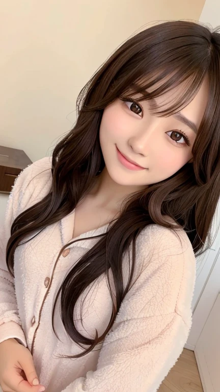 ((Selfie 1.6))((smile1.6))、the front、close - up face、Wavy Hair⦅Looking at the camera⦆A dark-haired、With bangs、Best Quality, masuter piece, 超A high resolution, (Photorealistic:1.4), Raw photo, high-level image quality, high-detail, masterpiece、a 18 year old girl、In the apartment