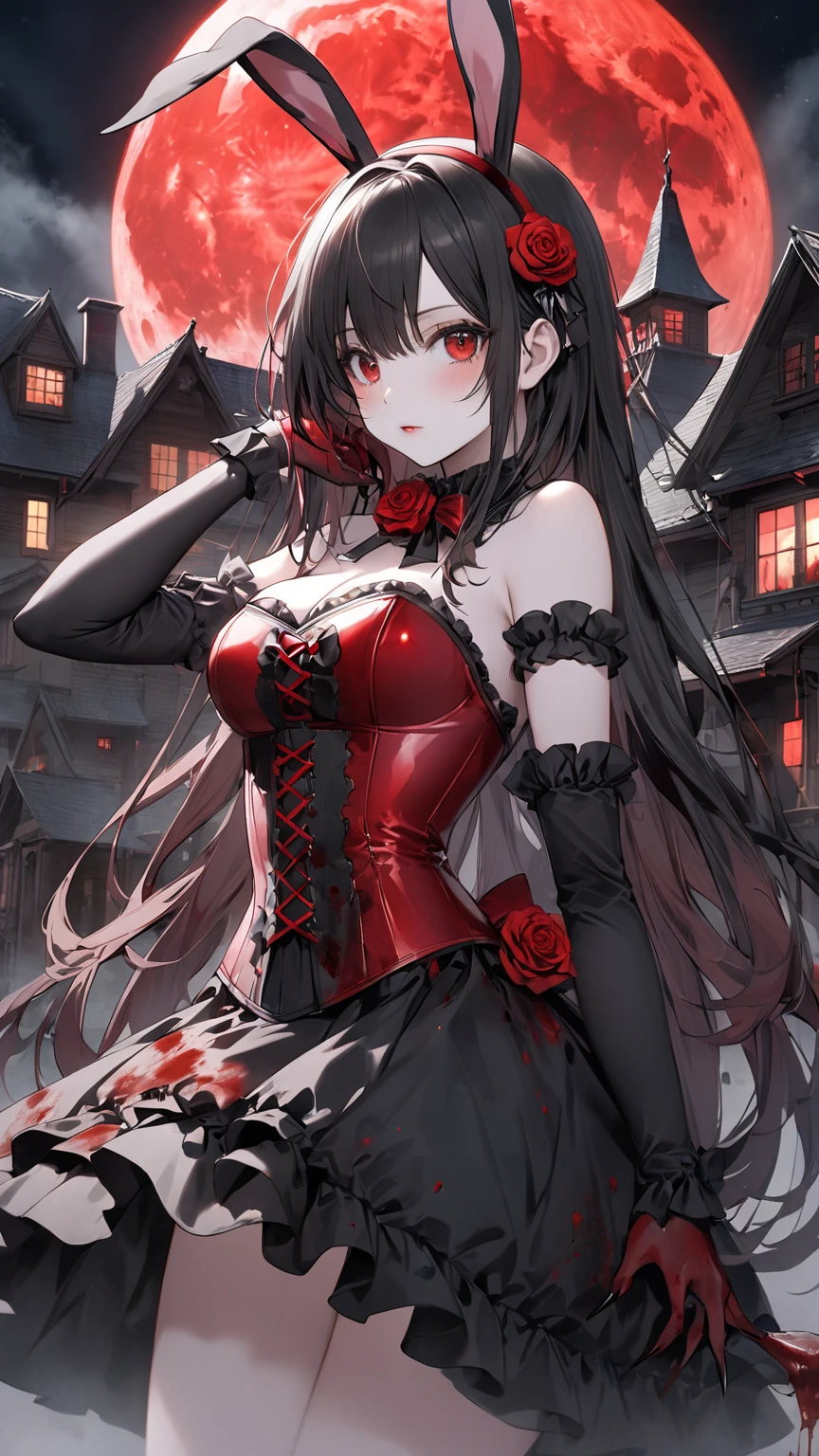 Masterpiece, Top Quality, 8K Anime, 18-year-old beautiful girl, Detailed fingers, Precise fingers, Not unnatural hands, 1 girl, Solo, Illustration, Odd-eyed, Black hair twin tails, Shoulder out, Wide open chest, Red headdress with black lines, Red and black goth loli style costume, Red skirt with black frills, Black garter stockings, Black shoes, Kurumi Tokizaki,