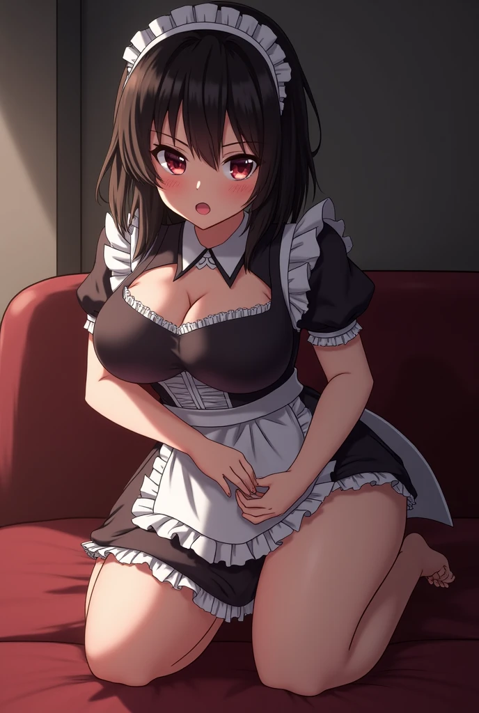 <lora:pose squating:0.8>,1girl,huge breasts,sitting,lace panties,maid,looking down,looking at viewer,from below,, 4k quality,depth of field,masterpiece,best quality,((masterpiece)),best quality,illustration