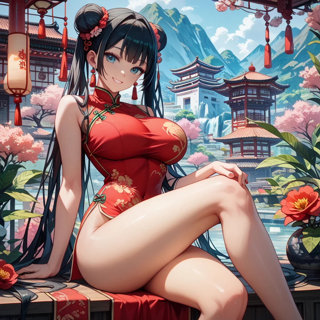 Anime woman, sitting on a mat, in traditional Japanese clothing with intricate patterns, cherry blossoms falling around her, beautiful, detailed skin with a gentle red blush, long, silky black hair styled in a elegant bun, expressing a thoughtful and kindly smile, anime painter studio masterpiece, hyper-realistic style, realistic anime 3D, unparalleled beauty, seductive curves accentuated by a shimmering kimono, anime CG art, smooth and vibrant colors, realistic and rich textures, surrounded by delicate calligraphy and ornate trim, animated background with tranquil water and gentle breeze.