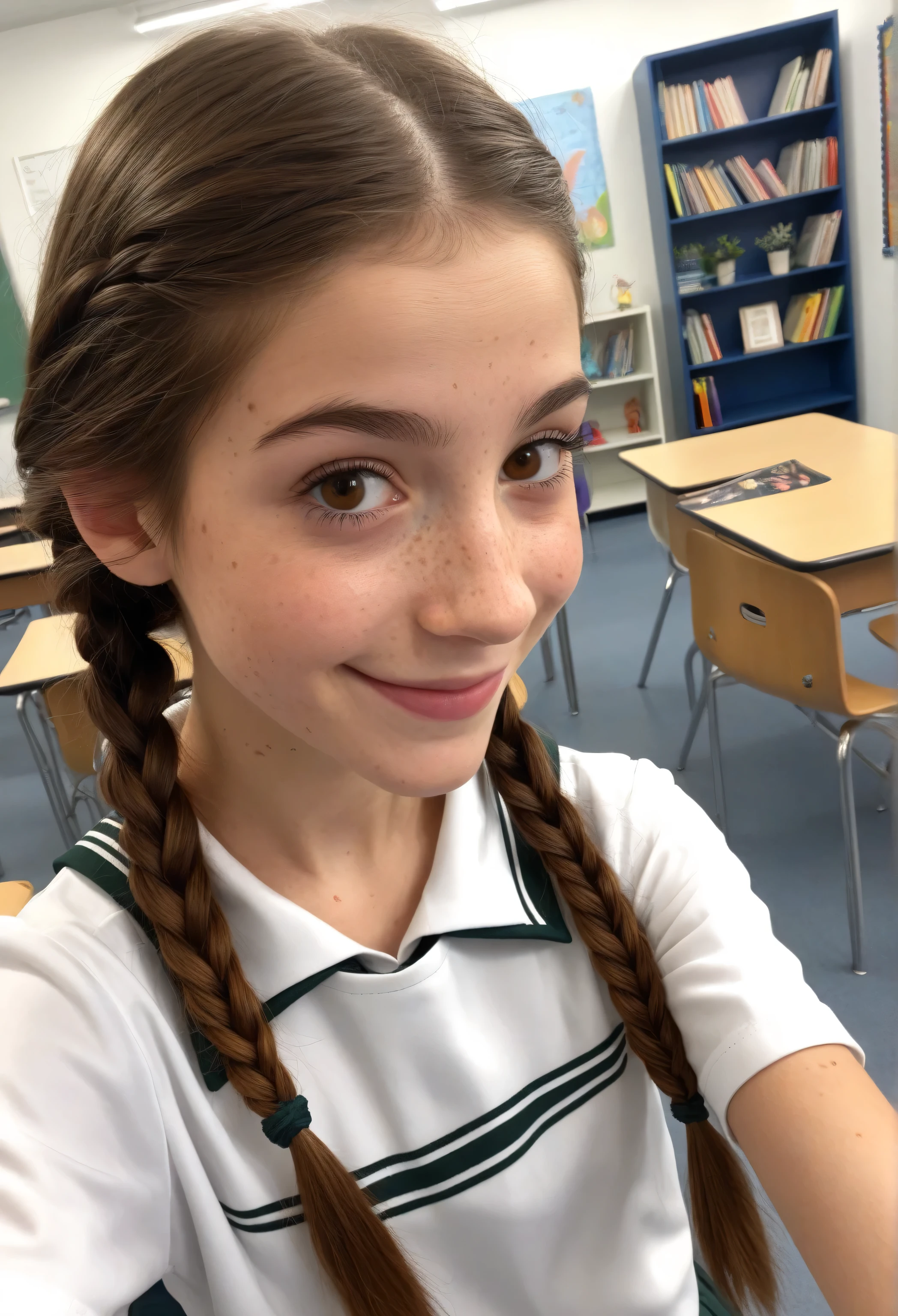 pov HANDHELD selfie One short petite french very young skinny tween girl, long brown hairs with two low braids, full lips, brown eyes, freckles, very shy smile taking a quick sneaky selfie in the middle of her classroom. she is wearing a school outfit