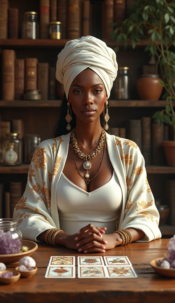 a beautiful woman, 50 years old, natural looking, with black hair, African American in appearance, blue turban, mystical necklaces. She is in a mystical room sitting at a table, her mamos on the table with tarot cards, a shiny sphere in the center of the table, hyper-realistic style. Centered. looking at the camera eyes open,