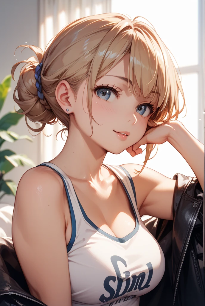 absurderes, ultra-detailliert,bright colour, extremely beautiful detailed anime face and eyes, (solo:1.6), ;D, shiny_skin,25 years old, Short hair, , asymmetrical bangs, Blonde hair with short twin tails, Shiny hair, Delicate beautiful face, red blush,(lapis lazuli eyes:1.5 ) White skin, hair clips, earrings, a necklace,(Sportsbra:1.2), evening、(running:1.3)、wet、Running through the steppes、