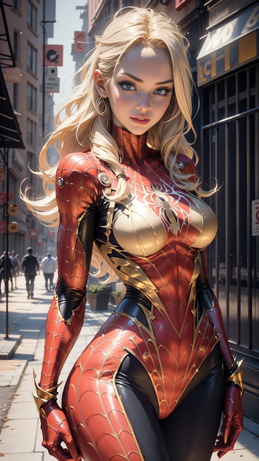 Beautiful blonde woman detailed defined body using gold spider man cosplay, huge breasts