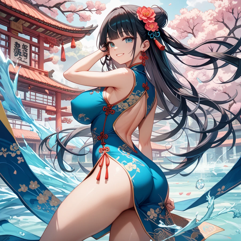 masterpiece、high-level image quality、photographrealistic、a beauty girl、Japanese garden、Shiny hair、Longhaire、huge tit、Upper body shots、The wind is blowing naked tits out