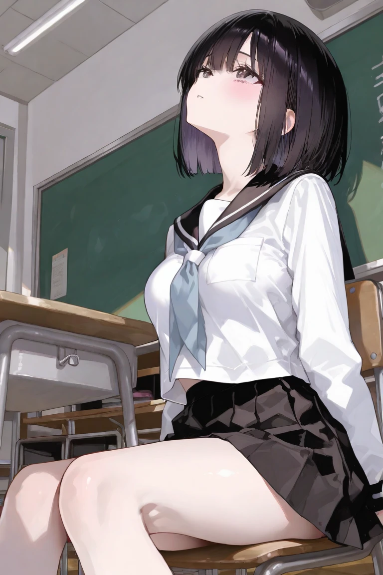 A thin female student with very small breasts is crying a lot., black hair,short,spread legs,Many people are watching,classroom