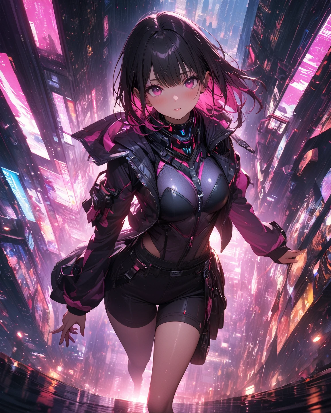 Cyberpunk; female Protagonist; black hair; girl; comic cover; katana; pink eyes; short hair; cover; action;