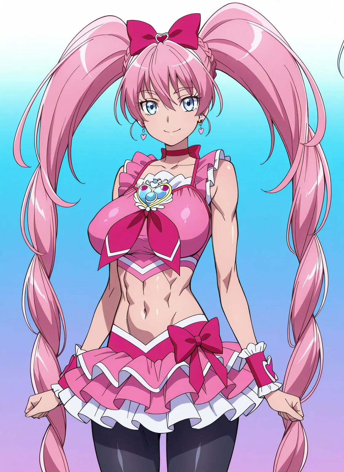 score 9 、score 8 up、score 7 up、source anime、masterpiece、best quality、best resolution、very detailed face、 very detailed 、very detailed、anime coloring、1girl、cure melody、female character is wearing a pink and magenta dress、beefcake standing、pink hair、high twintail hair、very long hair、blue eyes、Eyebrows visible through hair、bangs、eyelash、shiny hair、head bow、heart earrings、hair ornament、solo、zodiac girl、magical girl、portrait zodiac girl、Long Legged 、big breasts、covered breasts、very large breasts、tall girl、bare shoulders、bare arms、bare thighs、magenta and pink mini skirt、white mini skirt、frilled skirt、layered skirt、white mini skirt under the pink and magenta mini skirt、magenta skirt bow、wrist cuffs、red neckwear、 red choker、jewelry、heart brooch、black legwear、black pantyhose、red footwear、black pantyhose under the white mini skirt、red high heels、frilled crop top dress、!!full body portrait!!、 magical girl style、brave beautiful、magical aura、brave sexy、anime princess、official anime style、lewd anime style、official anime artwork、cure melody outfit、hymn to the king as a princess、collarbone、navel、abs、midriff、stomach、covered trapezius、biceps、biceps long head、biceps short head、triceps、triceps medial head、triceps lateral head、triceps long head、brachioradialis、covered deltoids、covered thigh muscles、covered semitendinosus muscles、covered adductor magnus muscles、brave smile、sexy smile、perfect body、perfect hands、perfect arms、perfect legs、looking at viewer、female focus、cowboy shot、beefcake style、blue background、pastel purple background、two tone background、gradient background、multicolored background、