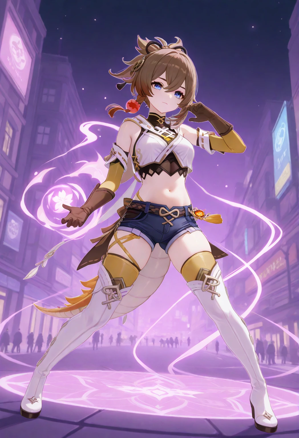 (volumetric lighting, Highres), (Detailed Illustration), Ultra-Detailed, 8k, nsfw, (detailed background, complex background:1.2), <lora:Konoha:0.6> KonohaDef,brown eyes, blush, smile, short hair, brown hair, animal ears, tail, dog ears, dog tail, dog girl, konoha \(arcana heart\),paw print, thighhighs, thick thighs, skindentation, gloves, elbow gloves, fingerless gloves, scarf, cape, headband, thigh gap, fishnets, gym uniform, buruma, fishnet thighhighs, blue buruma,cameltoe <lora:add_detail:.6> <lora:hairdetailer:0.6>