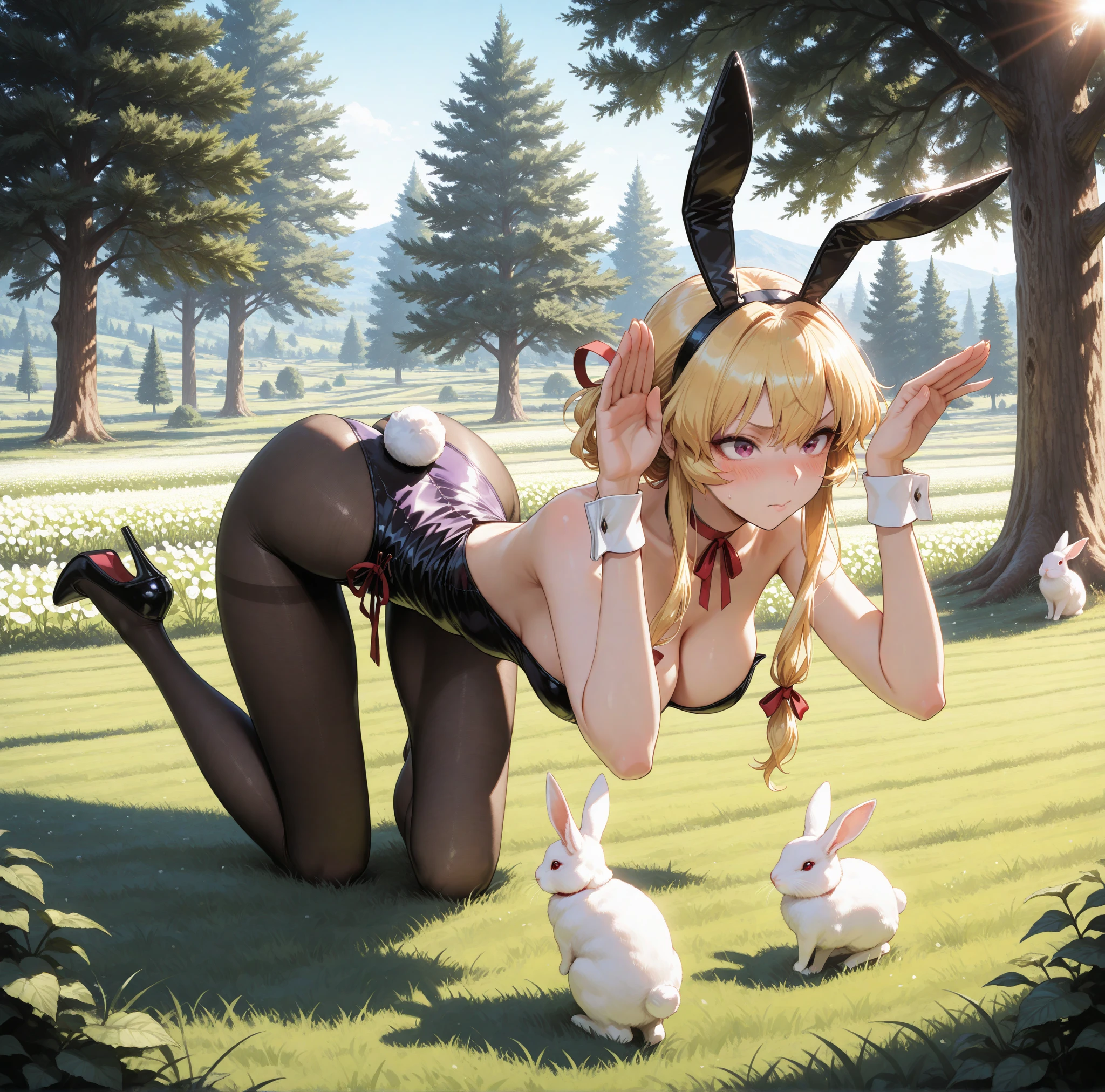 Kagamine rin, knee-length black dress, blue eye and red eye, black tights, sitting on the grass, blond hair, red lips, sweet smile --auto --s2