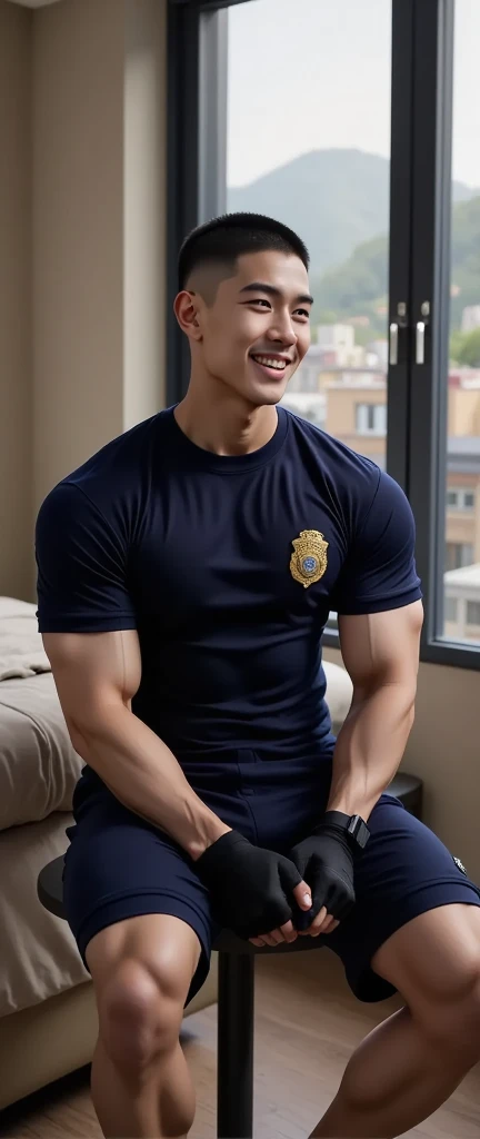 korea male male model sit on the table , big muscles, handsome, cool, smoothly combed hair, pierced ears, wearing a t-shirt navy top, holding a lollipop, portraiture, modeling, dynamic pose, Japanese street, late at night, store lights trade, full half body shot, kind_smile, open mouth, fullbodypolice officer, Korean Men ,facial hair, Full body, ,(Police badge) ,(Torn navy round neck shirt), (Navy blue round neck shirt.), (Abrasions on the body....: 1.3), (Navy Cargo Pants: 1.3), Short Hair Hair, (High shadow detail),Pectoral muscles, Big arm muscles, blood vessel, Big muscles, Wide shoulders, Abrasions on the body...., Abrasions on the face, nighttime , fire truck