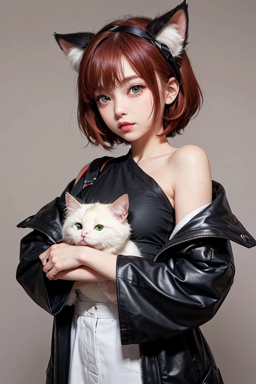  masterpiece, best quality, SakuraVRC, 1girl, solo, short hair, red hair, green eyes, chibi, animal ear fluff   ;3, catmouth,  