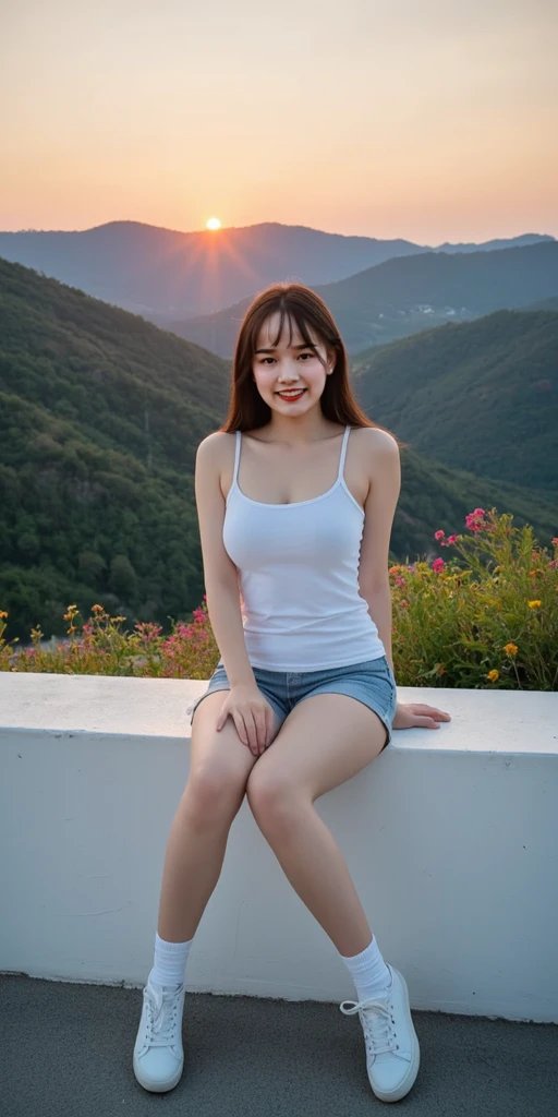 no, Ray tracing, Radio City, Anisotropic filtration, 16,000, best quality, 1 woman, alone, mature, beautiful mountain climber, white tank top, Gradient long hair、laugh、sunset、big breasts 、valley