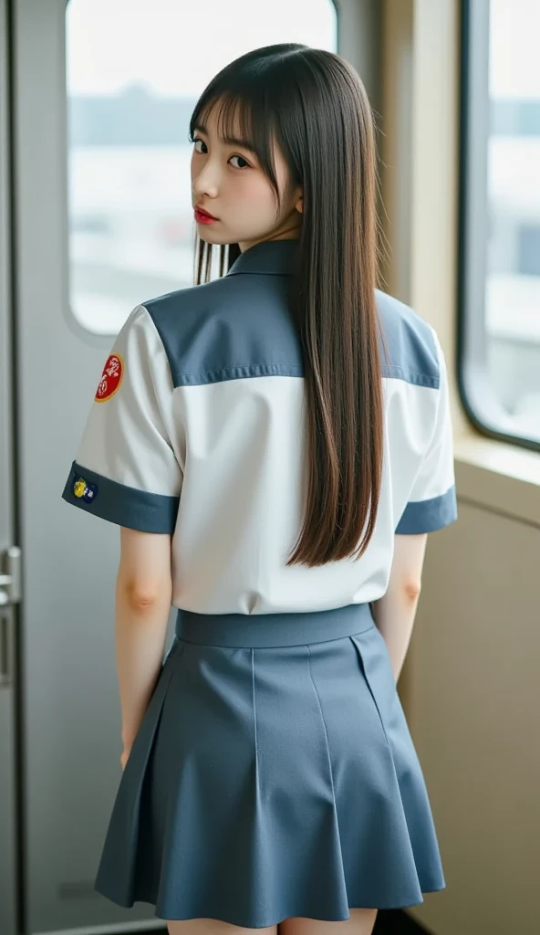 masutepiece, Best Quality, 超A high resolution,(photographrealistic:1.4) (depth of fields),(Lens Glow) , jaket:1.5、Inside the office:1.5、a Pretty Japanese woman1a person:1.5、(Workwear Pants:1.5)、Facing backwards、(White workwear:1.5)、facing back、