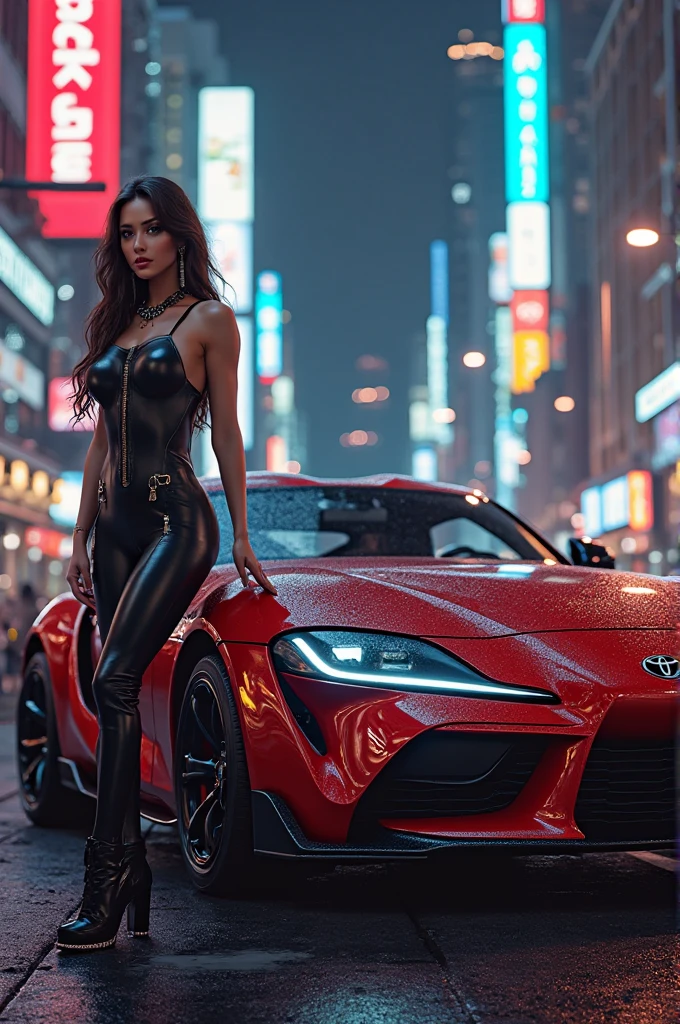 1 girl only, beautiful girl, perfect face and detailed eyes, looking at the viewer, Amazing realistic image of a beautiful girl in sexy semi-open sports outfit showing her red panty (cameltoe), nipple breast on cloths, long flowing hair, standing beside Lambo sports car