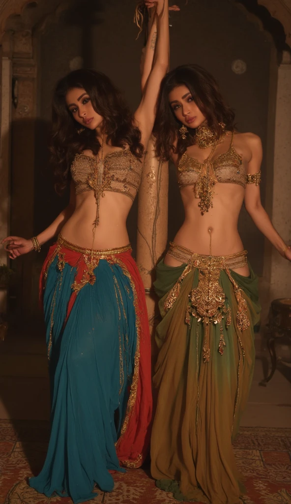 Visualize a solo (((vividly drawn Arabic belly dance))), with intricate details and ornate patterns that pop with (((Swarovski crystal accents))), exuding an air of luxury against a backdrop of opulent designs
