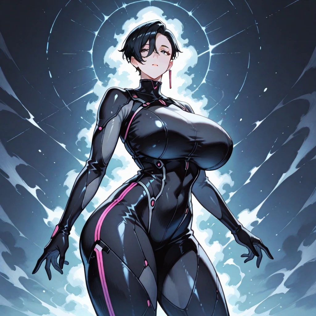 juri han,glowing purple eyes,evil smile(((work of art))), (((best qualityer))), (((Cidade flutuante))), ((mint ballet shoes)), ((looking back)), ((body com capuz)), ((paid lining)), (black pantyhose), black hair with purple details, spider logo, gradient light, horizont, High sky, colorful cloudy sky, standing alone, 1 girl, (big boobies), sweat, slender figure,evil smile,beautiful detailed body