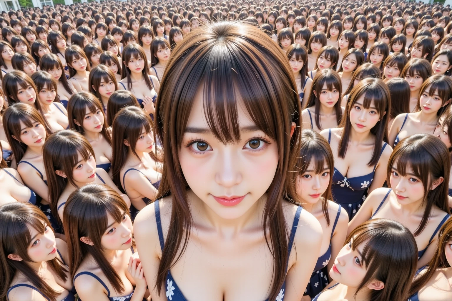 (((Clone Art)))、((Very detailed depiction of a female avatar))、8k、Realistic、20-year-old、Beauty Women、(A girl in a bronze maid outfit: 1.8)、The skirt is brown、White Pantyhose、Black leather shoes、Hair in a ponytail、Cute smile、Sticky skin、Big Breasts、Full cleavage、Full breasts、Jcup、(((Clone skill activated)))、(((There are many people with the same exact face and body type)))、((Full of girls who are just clones))、Surrounded by girls who are clones、Tens of thousands of girls、Standing、sitting、Crowd of girls、Split-ego girls group、A crowd of girls、A girl with an alter ego walks、smile
