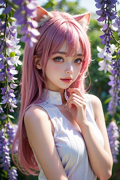 1girl, solo, cute girl with pink hair, pink eyes, wisteria flower background, soft natural light, cat ears, sleeveless white shirt