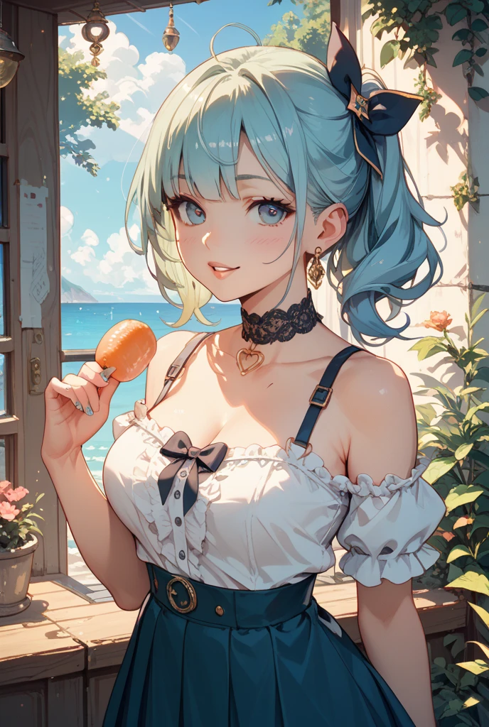highest quality、High resolution、8K、cute beauty、detailed background、beautiful and detailed face、beautiful and smooth skin、skin texture、Little Fairy、fruit and food costumes、fruit and candy costume、Gives a colorful and cute impression。they happily eat cakes and sweets.