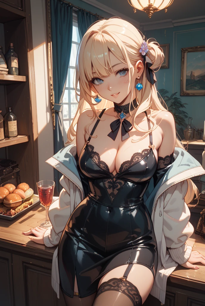 最high quality、high quality、best image quality、8K、最High resolution、High resolution、最high quality、masterpiece、whole body photos、 skin in every detail、 face in every detail、 eyes in every detail、 lips in every detail、 teeth in every detail、 ears with attention to detail、 hair with detailed details、arms with attention to detail、 hands with attention to detail、 fingers with attention to detail、 (fine hands、thumb1reference4)、 legs with attention to detail, feet with attention to detail, 8k, ultra HD, sharp focus, details hair, beautiful hair, details face, beautiful detail eye, details pupil, perfect hand, vibrant colours, soft lighting.
1girl, long hair, hair accessory, style hair, blonde hair, radiant blue eyes, glow eyes, massive giant breast, small thigh, slim body, showing shoulders, bunny suit, one peace,
inside cafe, cafe scene, sit on table, window, sunset