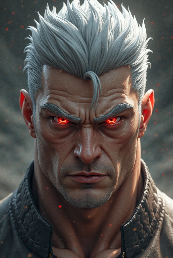 Strong muscular man giving an angry look (high quality) he has white hair yellow eyes a scar on his face a red line starting from his eyebrow to under his eye high quality