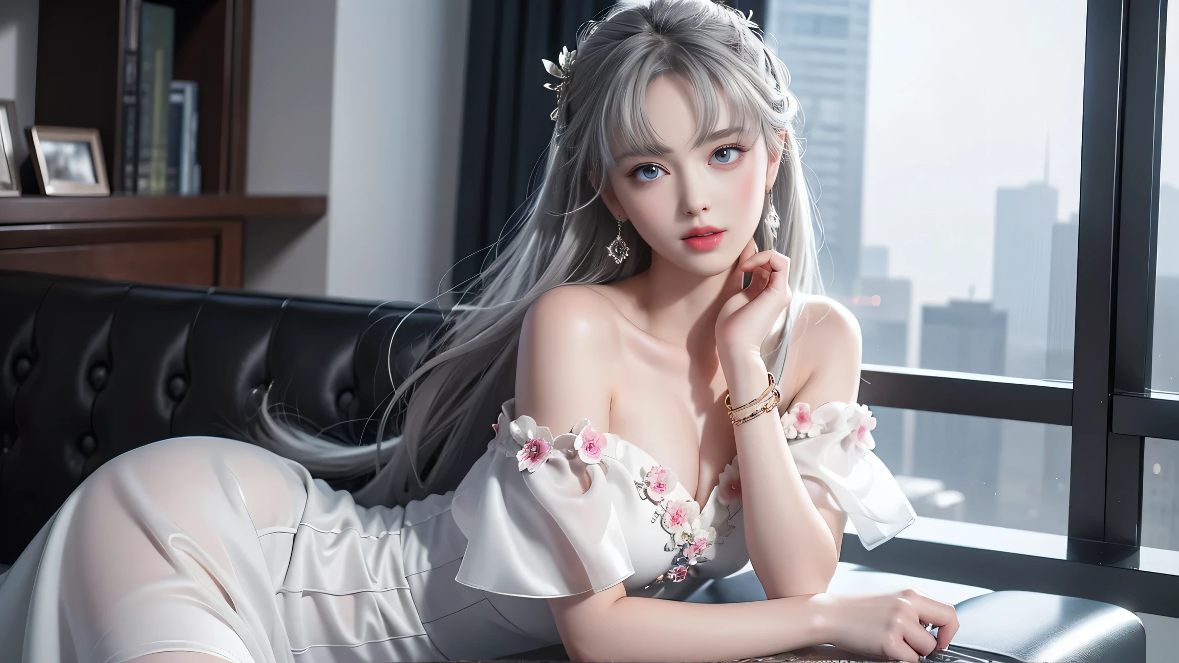 photorealistic, high resolution, soft light,1women, solo, hips up, look at viewer, (detailed face), long hair, white hair, Beautiful girl, red wedding princess dress, tattoo, jewelry
