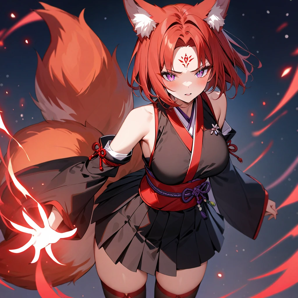 Long red ponytail Red fox ears and nine fox tails Very large bust Hakama with a red jacket Sword Flames Older sister