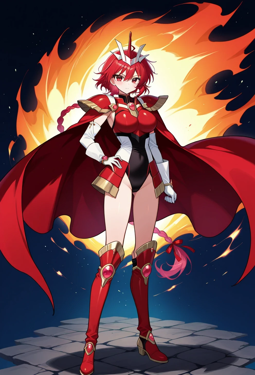score 9 、score 8 up、score 7 up、傑作、best quality、best image quality、best resolution、anime、1girl、solo、 AEHikaruFinal、red eyes、red hair、long hair、braided ponytail、hair between eyes、hair ribbon、long braid、single braid、armored dress、red armorarmor、Hairband Headgear、red cape、armored leotard、elbow gloves、white gloves、gem、black leotard、high leg cut、big breasts、very large breasts、kneeboots、high cut leotard under clothes、full body、fire、brave smile、standing、