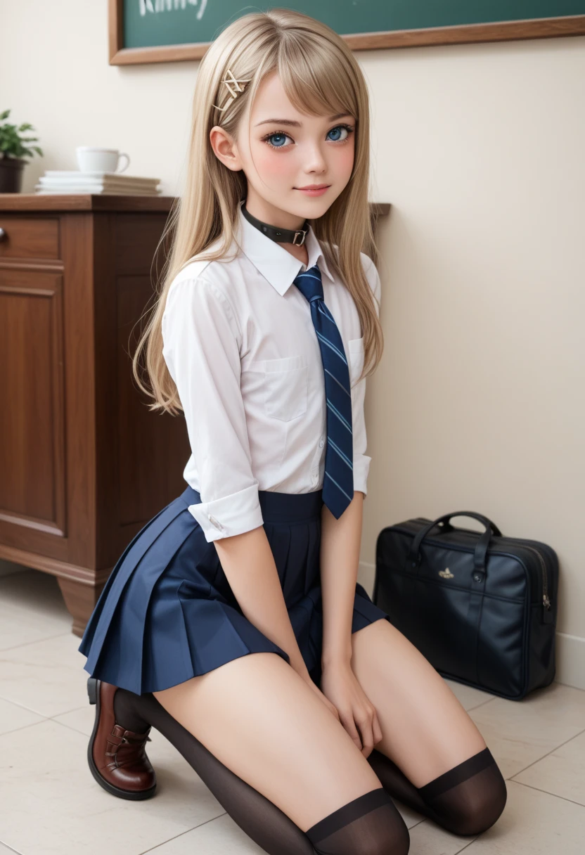 skinny, young girl lying on a bed naked spread legs , long boots, mini skirt, blue eyes, collar,