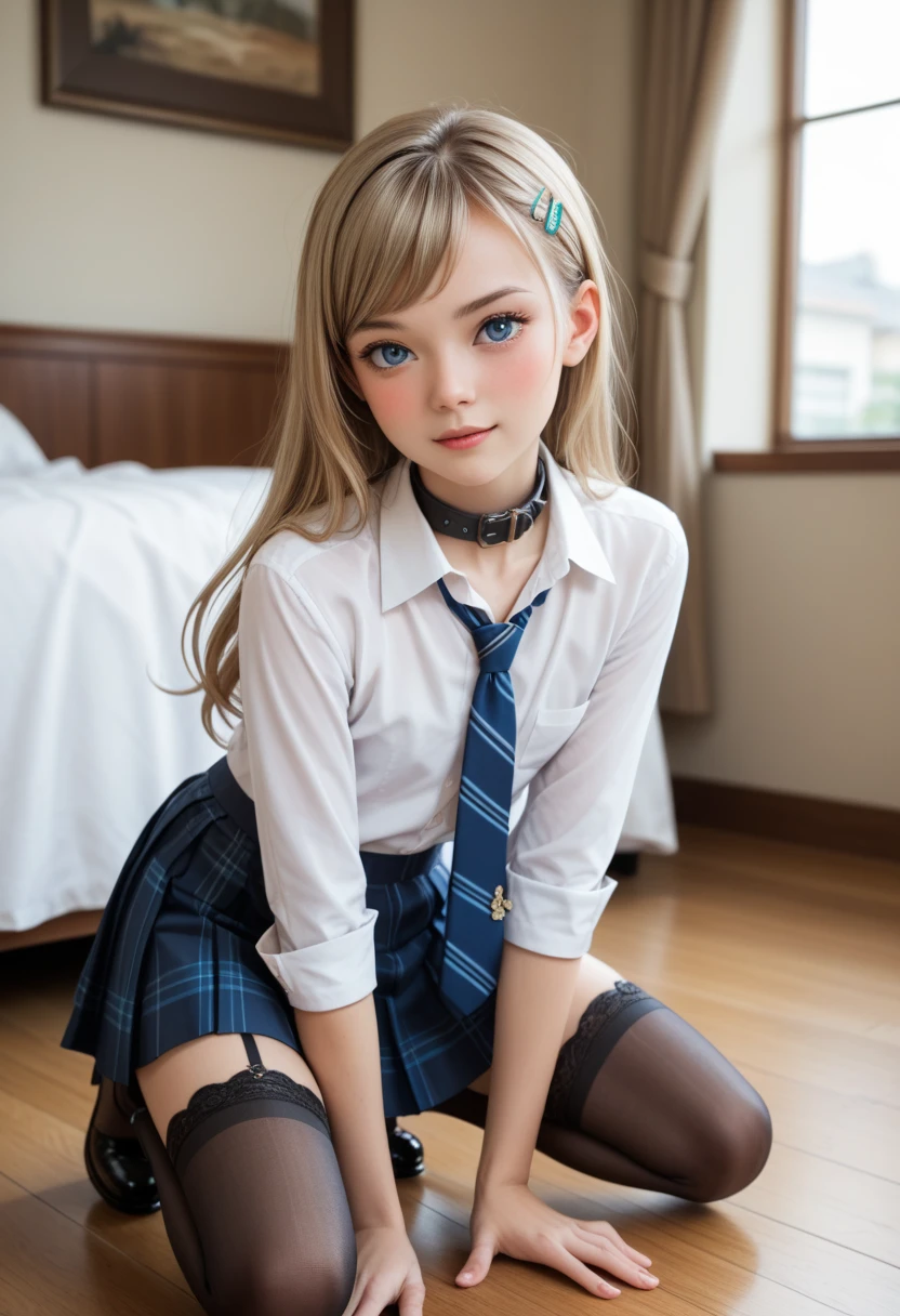 a beautiful young blonde girl, 18 years old, slim figure, pale white skin, bright blue eyes, wearing a short black skirt and a red bow tie, legs spread open in a provocative pose, in a school setting
