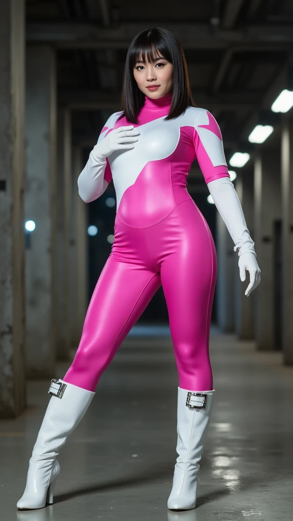 pink theme，pink ranger suit、voluptuous,  full body, tied on wall