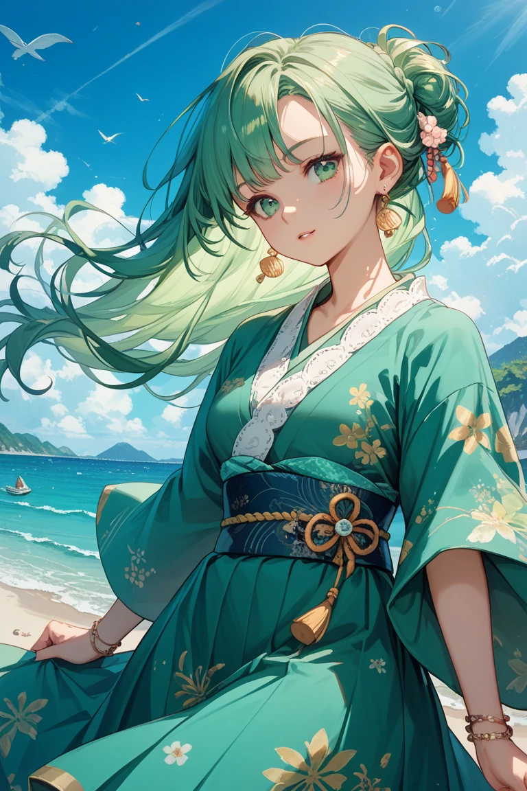 Childish, high quality、Very detailed、8Year、Mayan Aztec young priestess、Flying Feathered Serpent(Quetzalcoatl Kukulkan)look up at the sky and pray、Chichen Itza Forest Temple of the Sun、mysterious、whole body