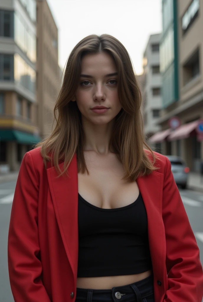 Beautiful tall woman with red hair and yellow eyes super realistic and well detailed suit outfit
