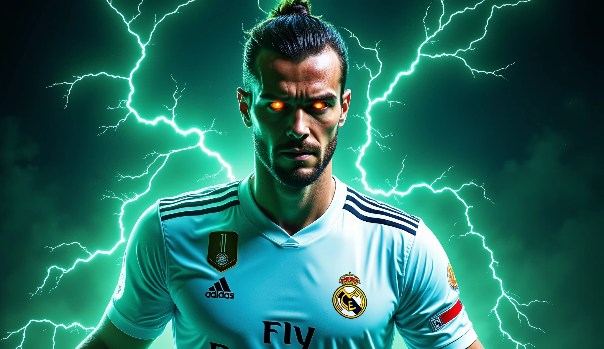 gareth bale wearing his iconic white Real Madrid jersey with number 11, with the Real Madrid emblem behind, ((blue green energy, emanating black electrical energy,)) "A dynamic and electrifying thumbnail featuring gareth bale in a powerful pose, (lightning in background: 1.2), (masterpiece:1.2, best quality), (exquisite eyes and exquisite face:1.3), (extremely detailed CG, super detailed, best shadows: 1.1), (8k UHD, SLR camera, soft lighting: 1.1), (Extremely Delicate: 1.1), (Perfect Details: 1.1), Profile, (((looking to viewer))), (((cinematic lighting))), (((glowing eyes, with fiery orange and red irises:1.2)))