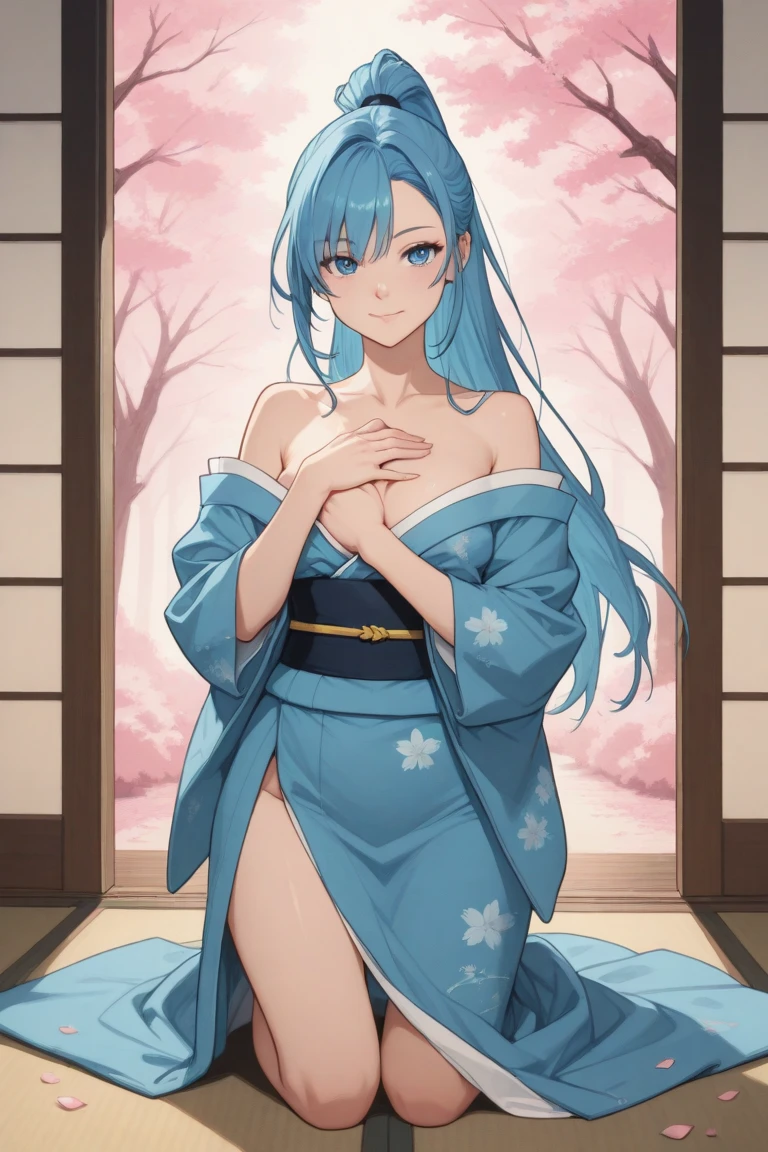 1girl, highres, masterpiece, solo,realistic, absurdres, yellow eyes, azura \(fire emblem\), wariza, kimono, japanese clothes, oil-paper umbrella, sakura forest background, cherry blossoms,  slipping kimono, bare shoulders, revealing clothes, cleavage, facing viewer, shy, blush, cute face, sitting on knees, wet body, rain, wet clothing