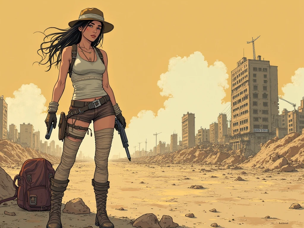 woman in a loincloth, post apocalyptic, holding a spear, ruined buildings, illustration by Roy Krenkel <lora:Style_of_Roy_G_Krenkel_RGK:1>
