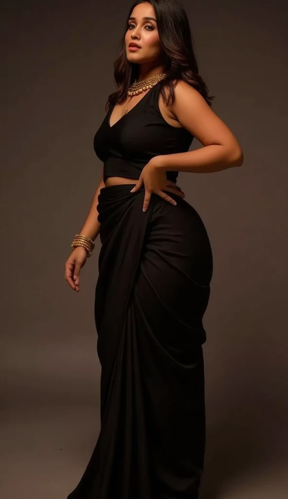 close up photo of Anushka Shetty, curvy, hourglass figure,  beautiful. Black saree