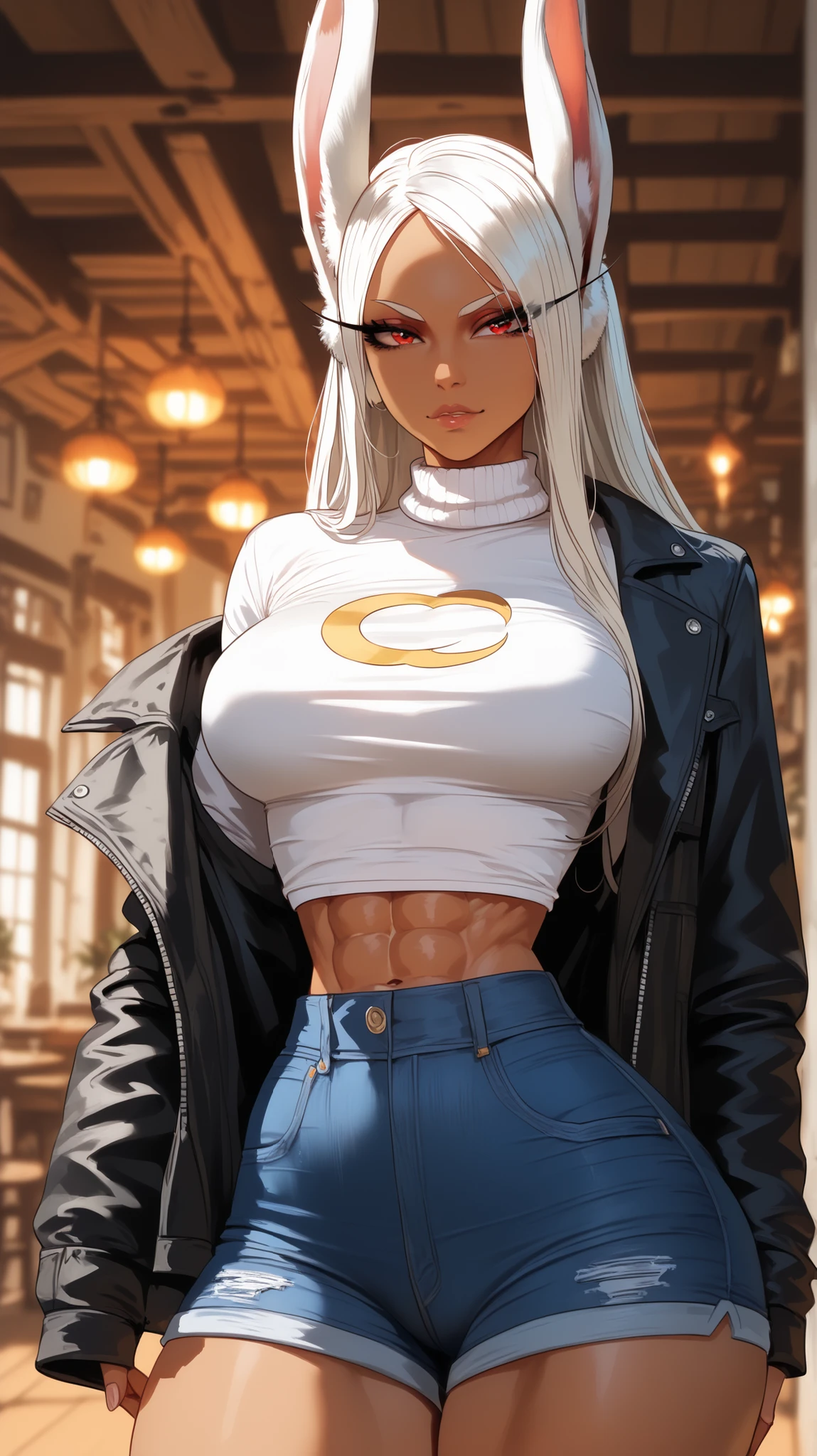 A dark-skinned woman with silver hair in a ponytail and wearing a black dress shirt and slim jeans, with a large penis growing out of her vagina, is making curry bread。.　Showing your belly button