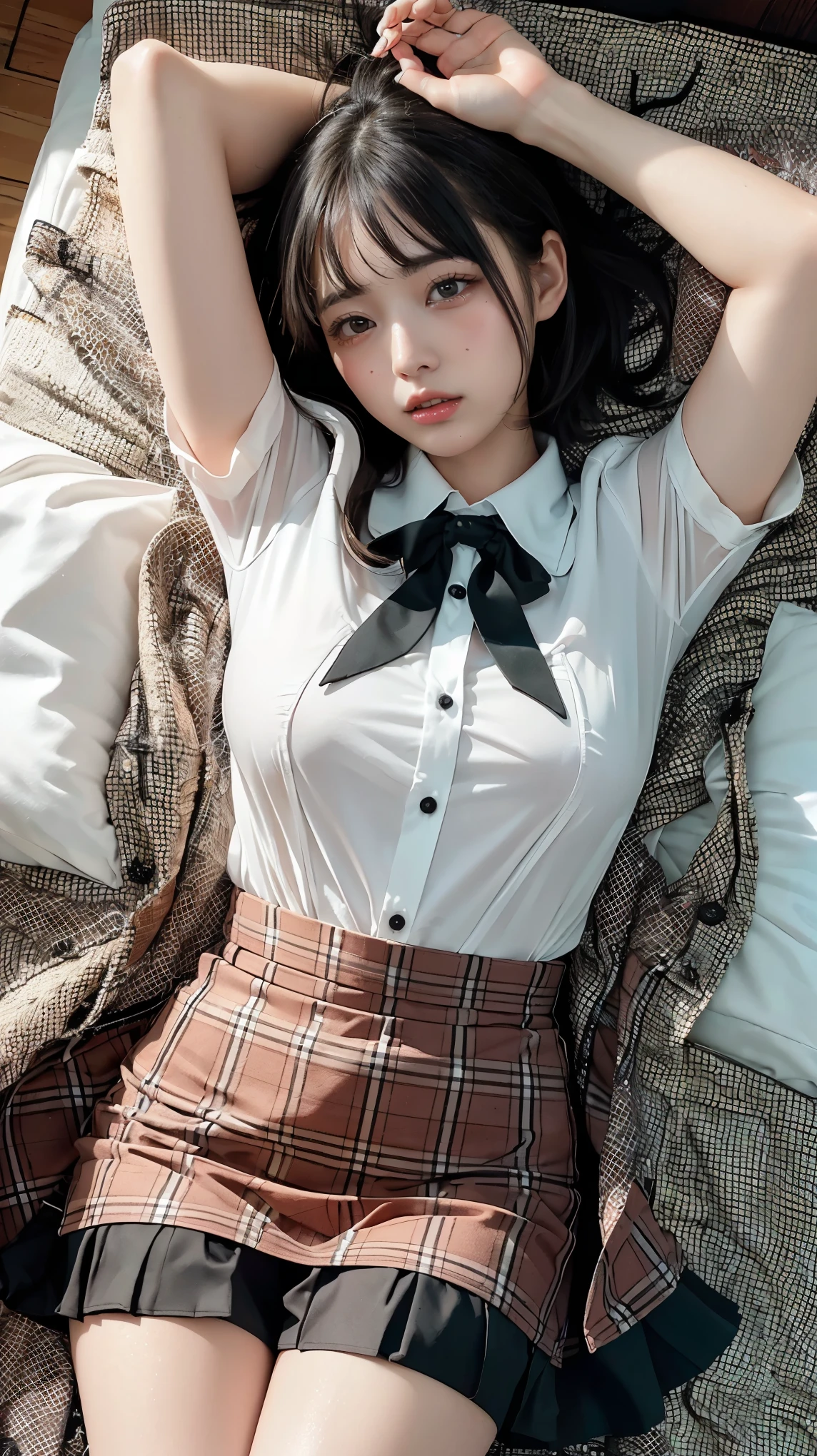 jk suit
plaid skirt
pleated skirt
shirt
bowtie (best quality, masterpiece:1.2), Extremely detailed, (Practical:1.37), beautiful, youth, Glamorous model, Warm colors, ((A full body perspective，Naturally bent knees，Skin is firm and smooth)), ((Elegant and natural posture)), (big eyes, Delicate eyes, Delicate lips, Delicate eyes), ((Lying in bed)), Available in white with floral pattern, Show a bright smile, fit, Full breasts, ((Big breasts)), Long legs, Create a stunning picture of a girl enjoying her sleep