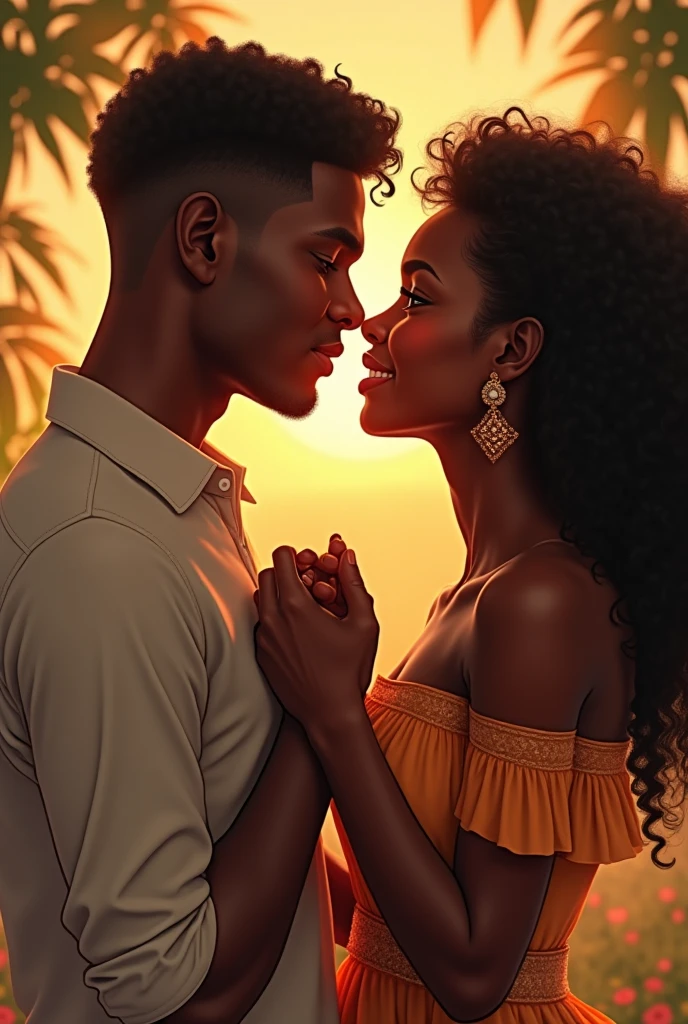 African couple, a man tenderly offers a flower to his woman. The woman, grinning delightfully, cradles the bloom on her hand, the petals contrasting softly with her dark skin. The scene is set in the warm golden hues of a sunset, capturing the tranquil and romantic moment in ultra-high definition, 8K. A masterpiece of realism, the photograph evokes a sense of peace and fondness between the two.