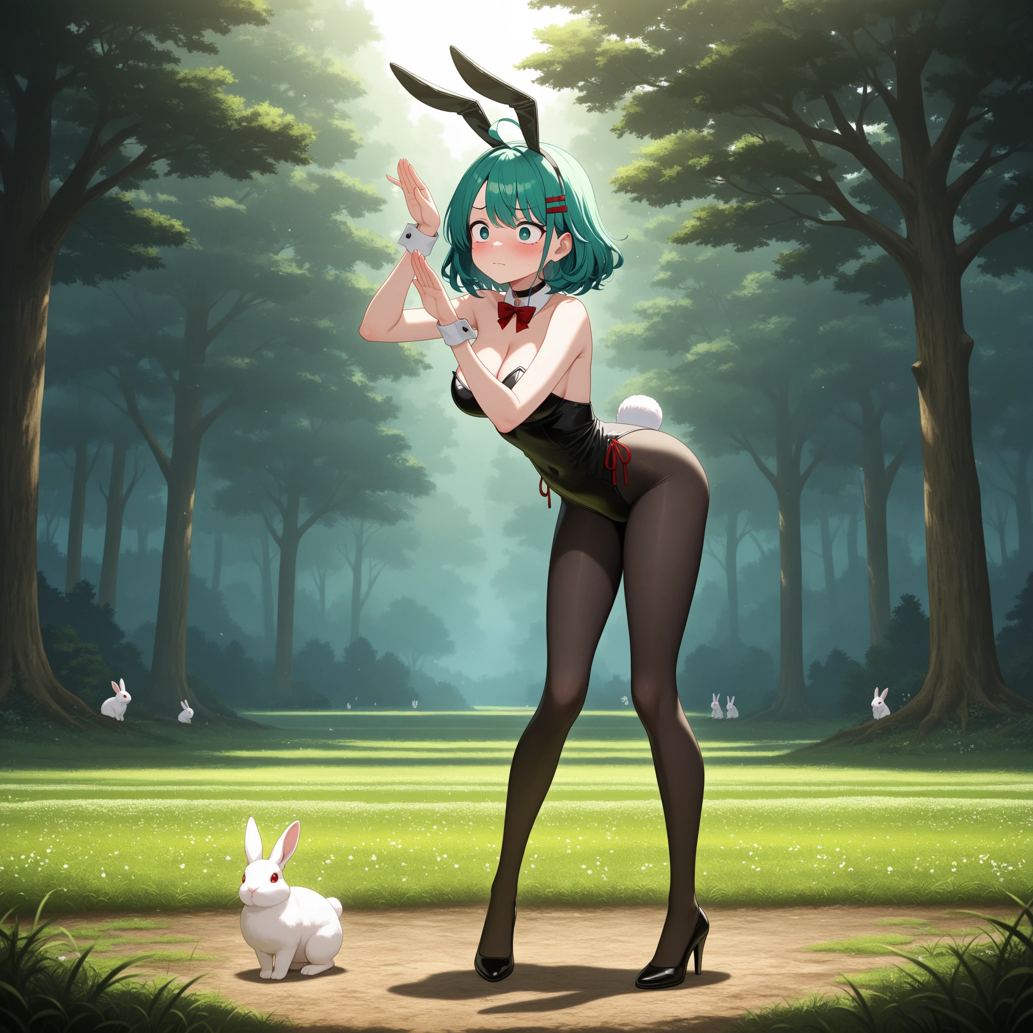 alone, score_9,score_8_up,score_7_up, anthro female leafeon, wearing bunny suit, bunny ears, standing, back view, bare back, looking back, looking at viewer, indoors.