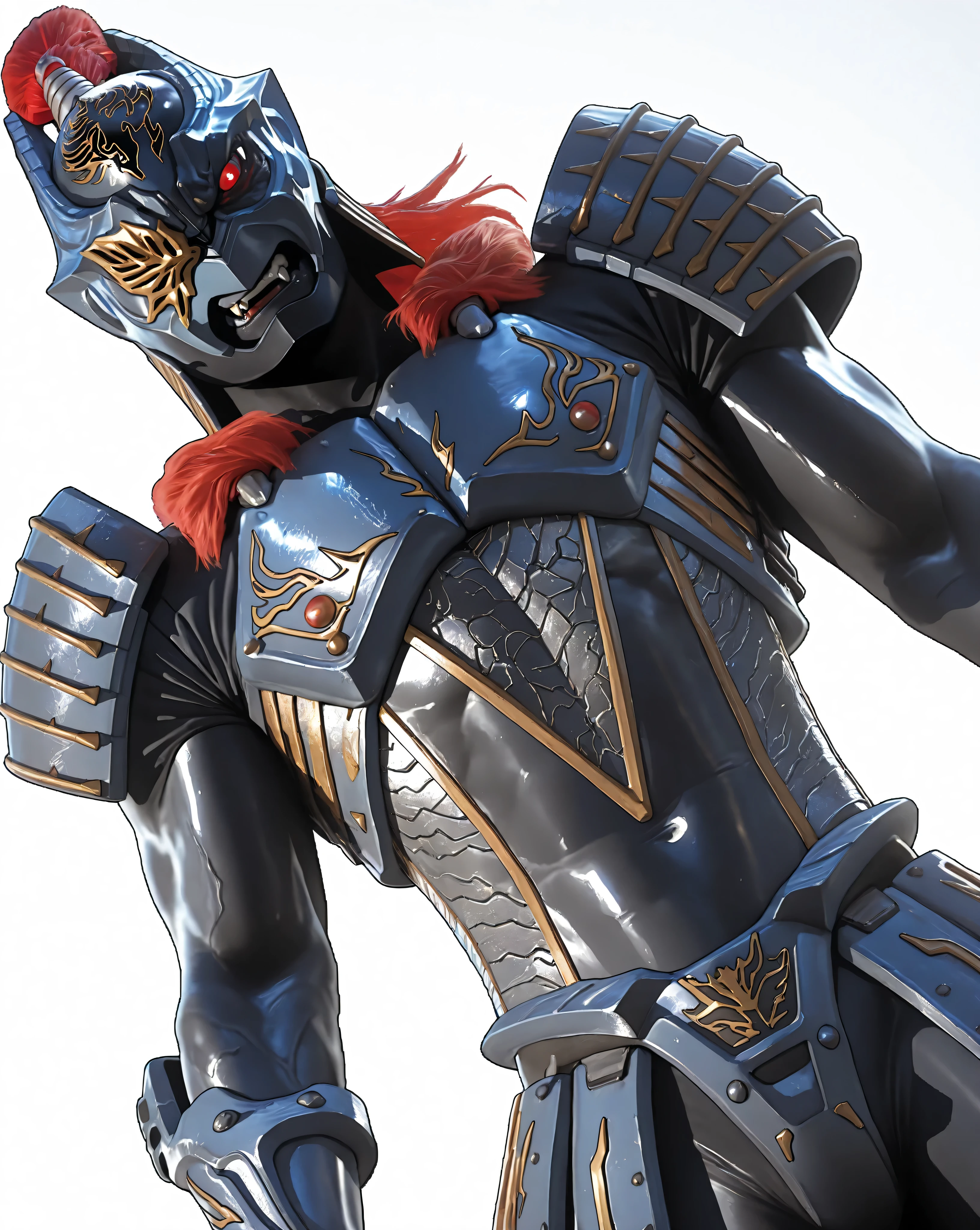 (Zamushar, pitch black body manly, masculine, mature, muscular, defined muscles, bara, detailed armor), nsfw, monster male, shiny skin, red hair, white pupils, fangs, uneven eyes, (one-eyed), chest armor, waist armor, Gauntlets, (muscular), leg guard, evil eyes, [[[close up]]], BREAK, upper body, (dutch angle), (white background), dynamic lighting, rim lighting, BREAK, masterpiece, best quality, official art, detailed, 8K, game cg, ultra-detailed, beautiful detailed eyes, very aesthetic, IllusP0s, nsfw, 