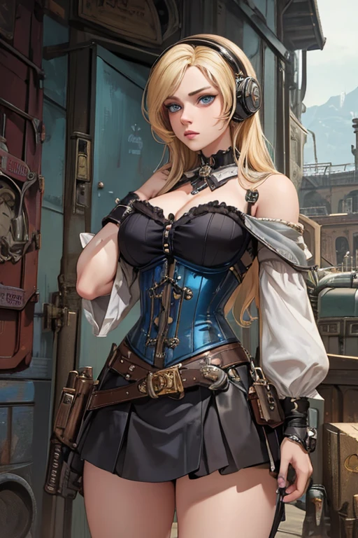 masterpiece、highest quality、Ultra-high resolution、Maximum resolution、Very detailed、Professional Lighting、anime、woman、thin、so beautiful、Steampunk costumes、Garter Stockings、High heels，Revolver equipment、Red Eye、Salmon pink hair、Semi-long hair、Fingerless Gloves、Beautiful eyes、Pink Lips、
