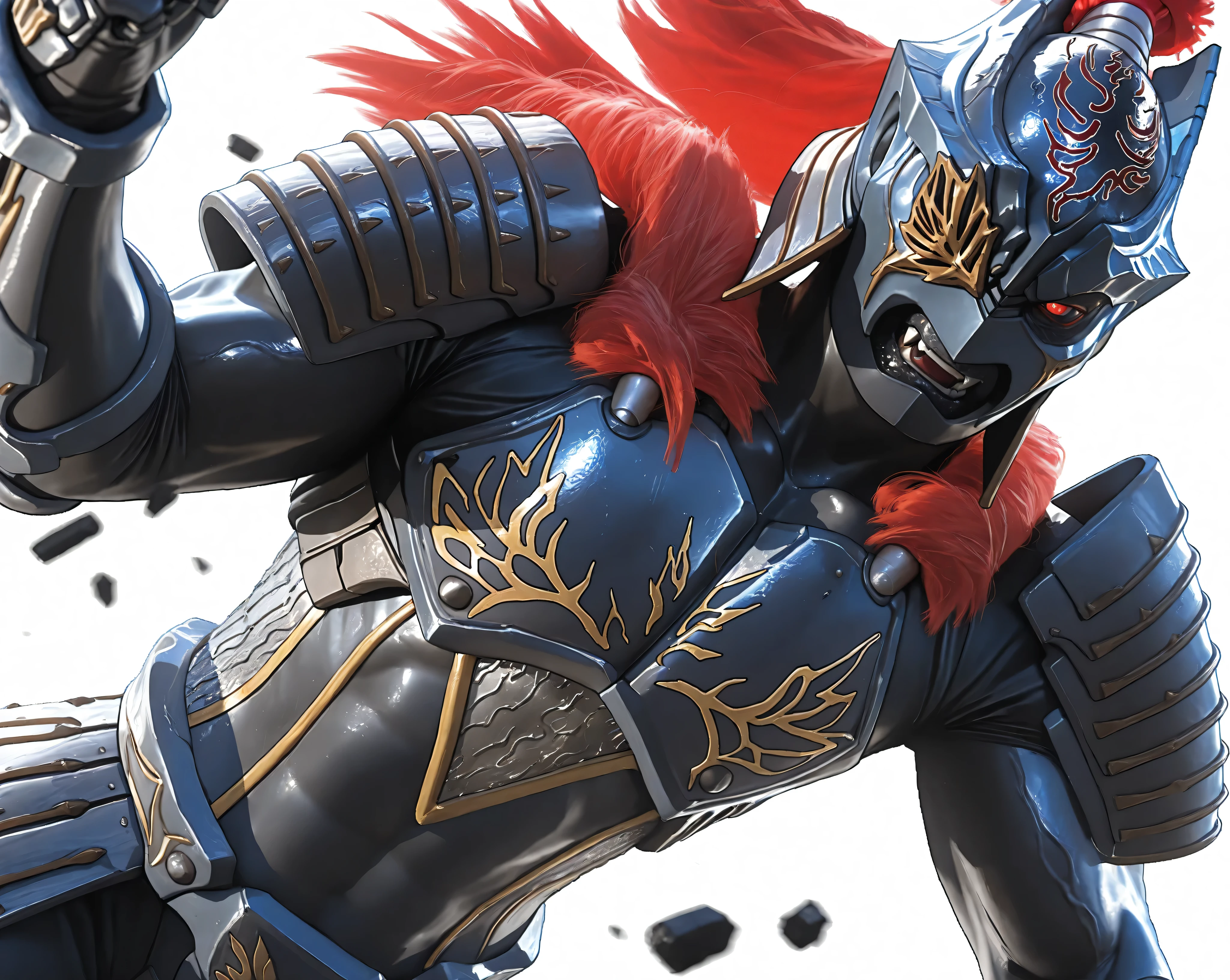 (Zamushar, pitch black body manly, masculine, mature, muscular, defined muscles, bara, detailed armor), nsfw, monster male, shiny skin, red hair, white pupils, fangs, uneven eyes, (one-eyed), chest armor, waist armor, Gauntlets, (muscular), leg guard, evil eyes, [[[close up]]], BREAK, upper body, (dutch angle), (white background), dynamic lighting, rim lighting, BREAK, masterpiece, best quality, official art, detailed, 8K, game cg, ultra-detailed, beautiful detailed eyes, very aesthetic, IllusP0s, nsfw, 