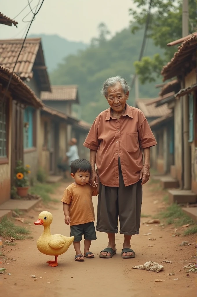 An old Malay man with a smile sitting on the veranda watching his grandson play with the chicken on the wet floor in the morning in a MALAY village