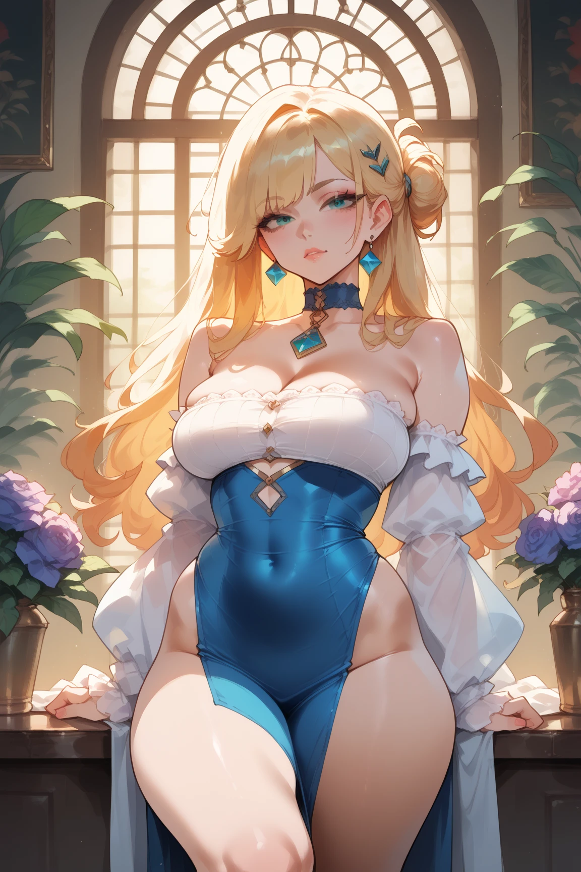 1womanl,Golden head hair, ,((Impatient expression)),Beautiful breasts,thin white tube top,well-styled,,(Facing the front)(((Blushing cheeks、Surprised look)),(((Braids))),((( Portrait from the knee up)))Frameless glasses,Blue eyes,(Bangs are aligned)(((see -through)))((Mouth open))