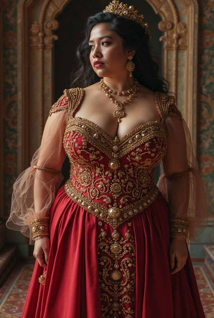 MILF, 2 QUEENS, , BBW, photo vintage, visage feminin parfait,  GINGER, tache de rousseur, 1888, big huge breasts : 48H,FRONT VIEW, Rembrandt LIGHT ,  EXTREME LONG V-NECK, BIG CLEAVAGE,  BEAUTIFUL EYES, BEAUTIFUL HANDS, LIGHT SMILES,  PERFECT FACE, tres long décolleté, CASTLE BACKGROUND, QUEEN, NECKLACE, RING, JEWELERY RICH, SFW, FULL BODY, COLORFUL, ARABIAN,